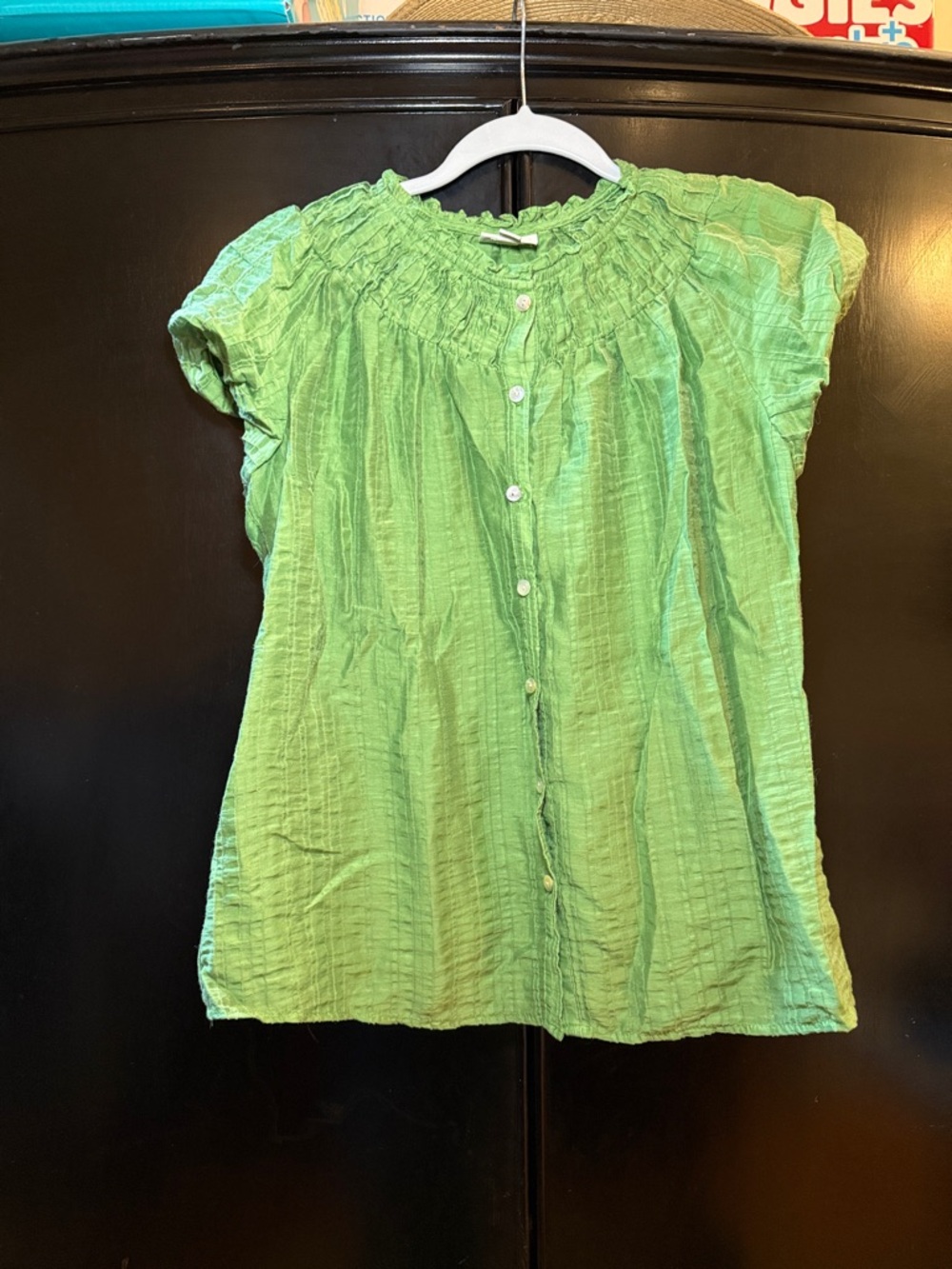 Green Button-Front Blouse with Smocked Yoke size M